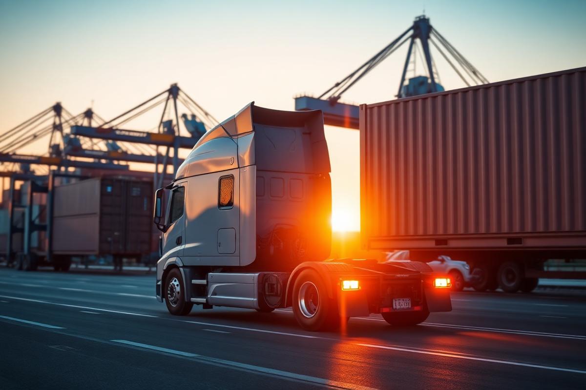 Cavalo mecânico com contêiner deixando o terminal portuário