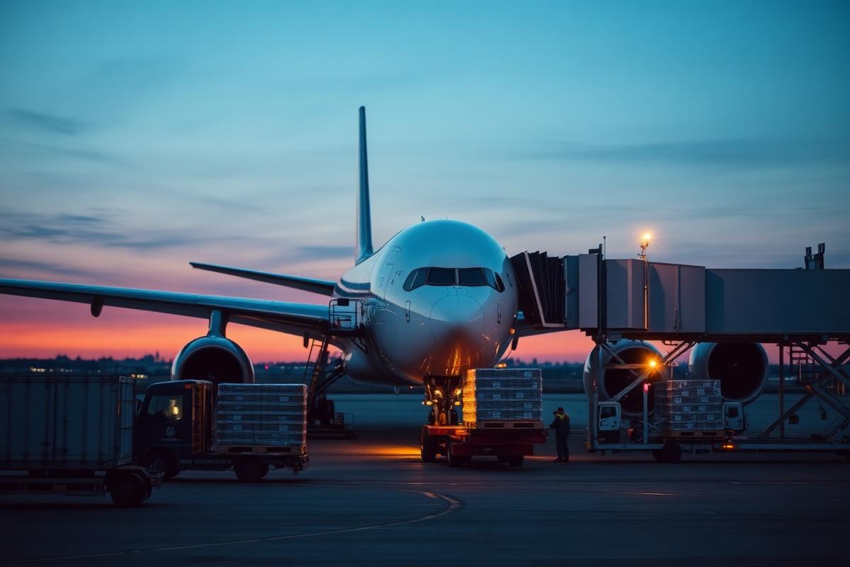 Aeronave cargueira sendo carregada com pallets no pátio do aeroporto
